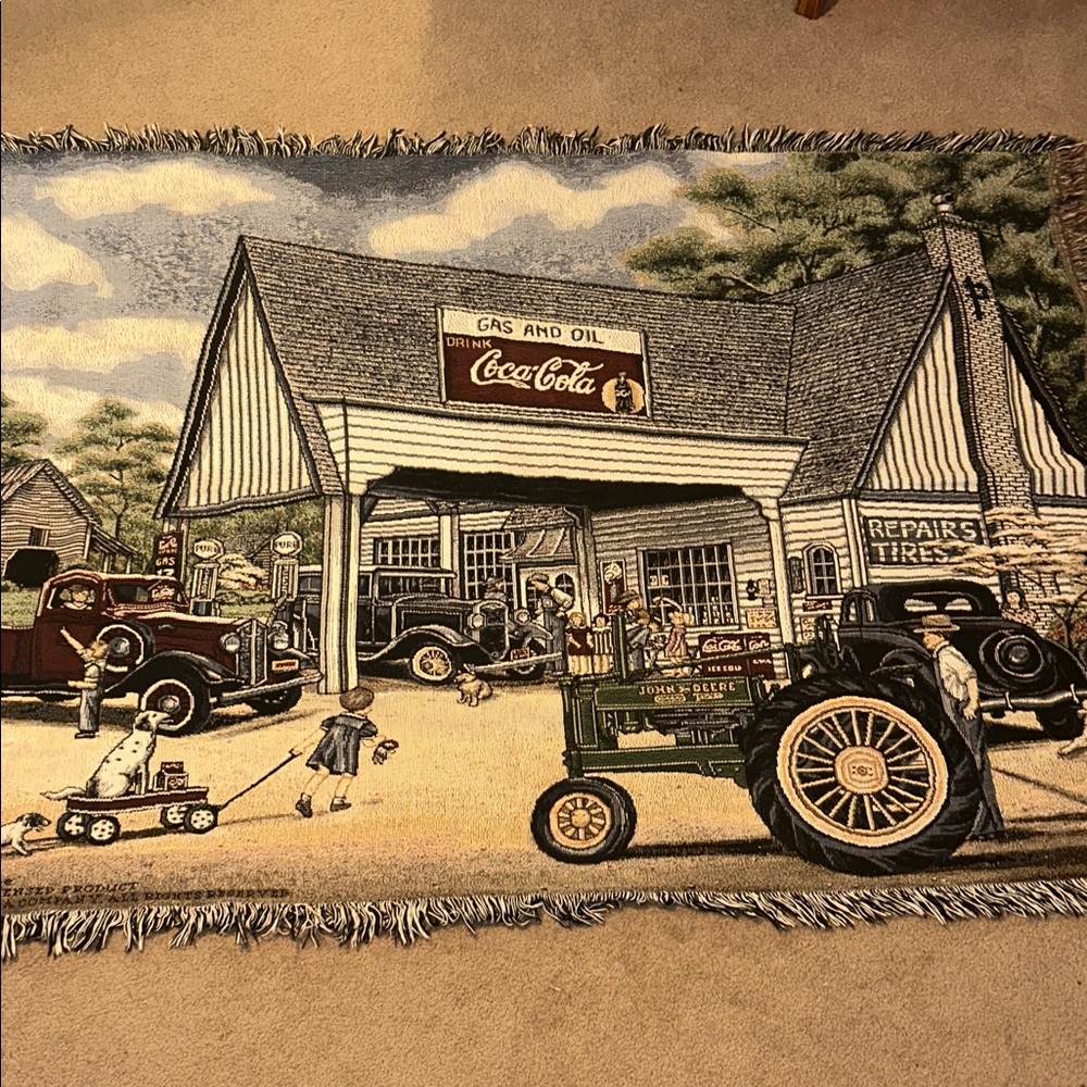 VTG Tapestry Blanket Coca-Cola John Deere Farmhouse Country Nostalgia